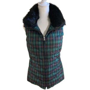 Talbots Down Filled Puffer Vest XS Plaid Removable Faux Fur Collar Pockets EUC